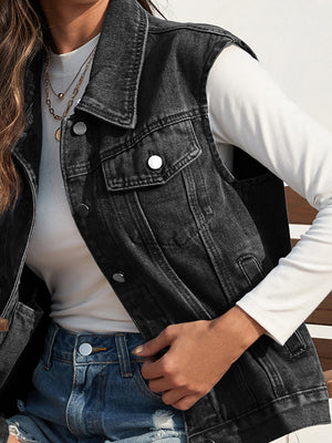 Black washed denim vest with collar and patch pockets.