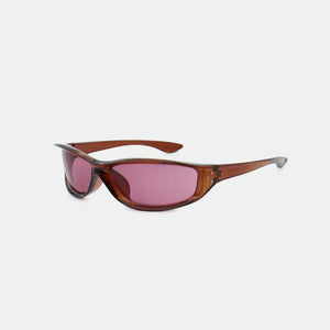 Brown sculpted sport sunglasses with pink lenses and dark lens tint.
