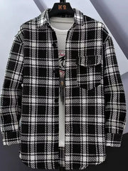 Oversized flannel button-up shirt in White Grid plaid with a cotton blend texture.