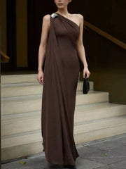 Elegant Draped Maxi Dress With Silver Accent