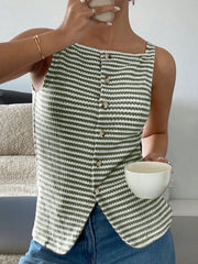 Moss green and white striped textured button-down tank top with square neckline