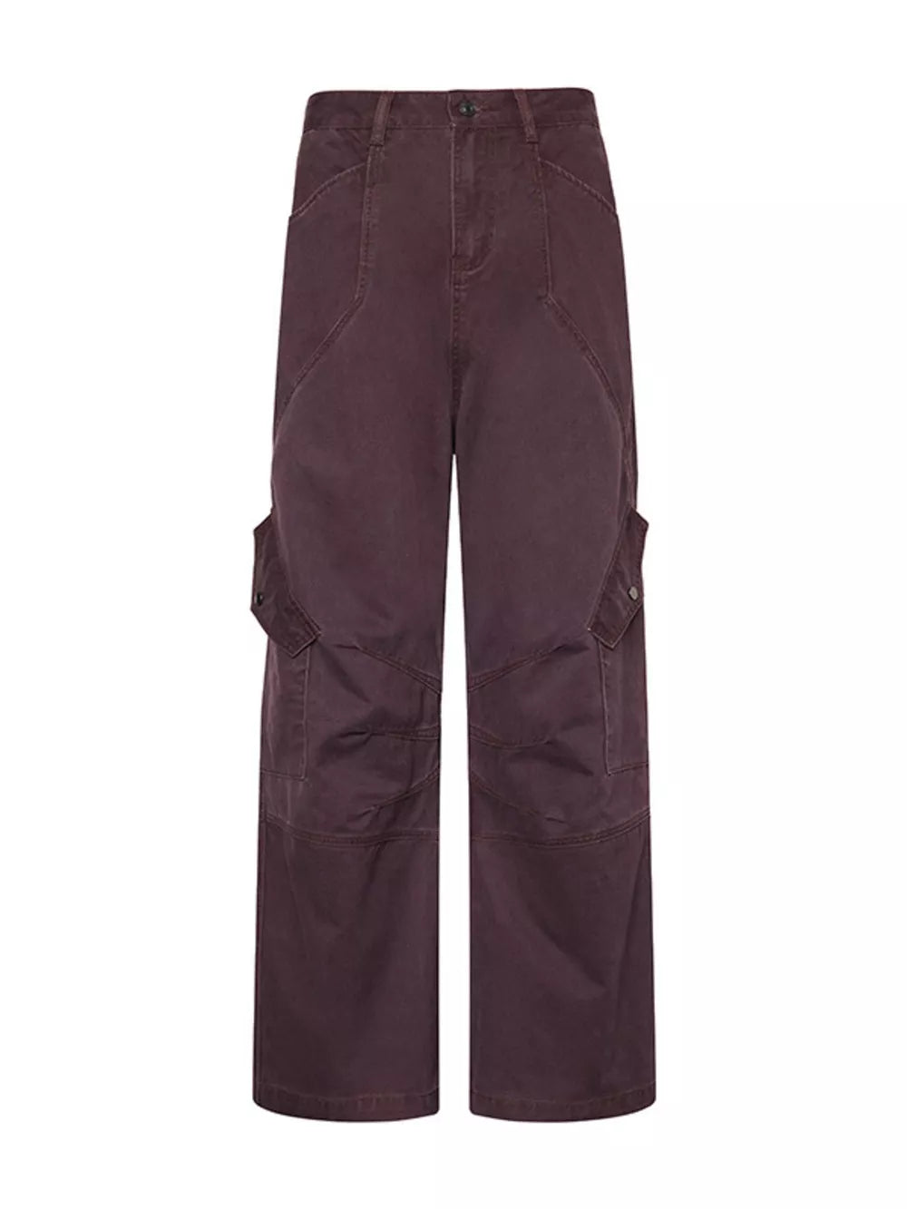 Relaxed fit cargo sweatpants in plum purple with multiple pockets.