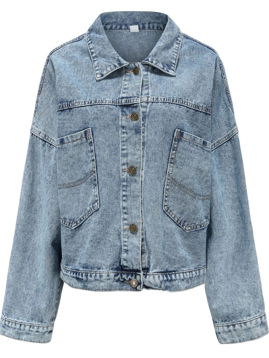 Light wash oversized denim jacket with buttoned patch pockets and collar