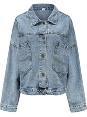 Light wash oversized denim jacket with buttoned patch pockets and collar