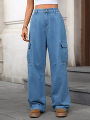 Blue high-waisted denim cargo pants with multiple pockets and a relaxed fit.