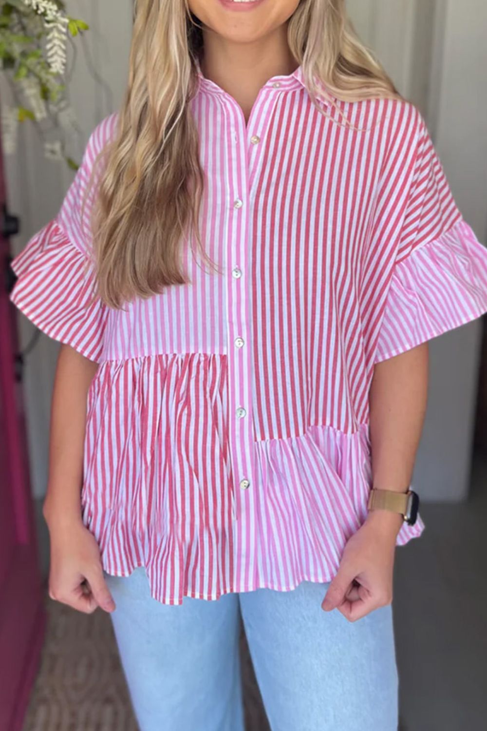 Pink striped tiered ruffle sleeve blouse with button front and collar.