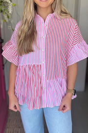 Pink striped tiered ruffle sleeve blouse with button front and collar.
