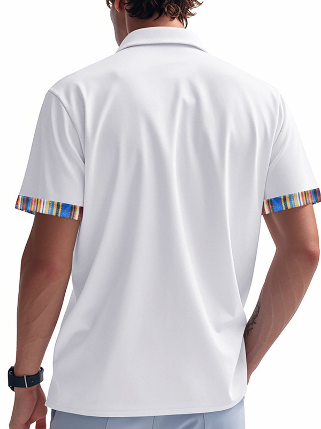 White cotton short sleeve men's shirt with colorful striped trim on sleeves.