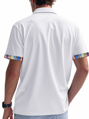 White cotton short sleeve men's shirt with colorful striped trim on sleeves.
