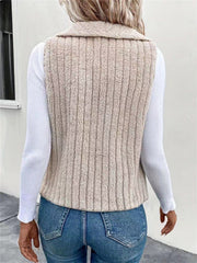 Textured teddy collarless vest in Dust Storm, with ribbed texture and teddy collar detail.