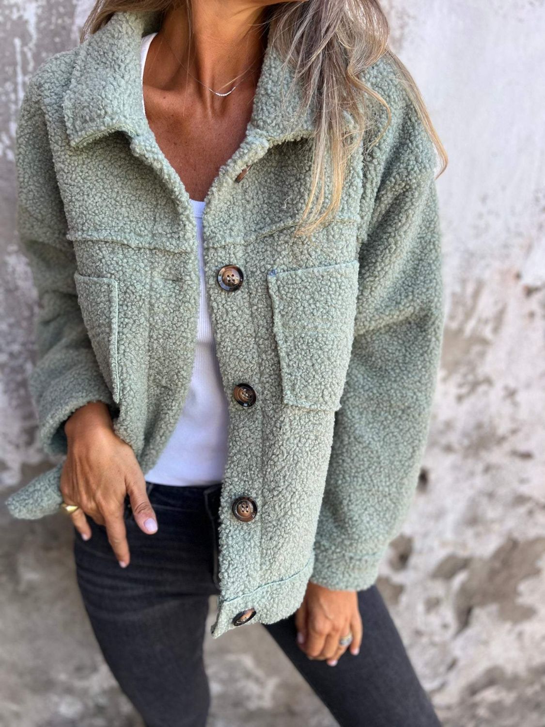 Textured sherpa utility jacket in Gum Leaf with button front and chest pockets
