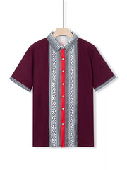 Men's short sleeve shirt in wine red with bold geometric print panels and red button placket.