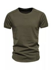 Men's army green cotton tactical t-shirt with round neck and seam details