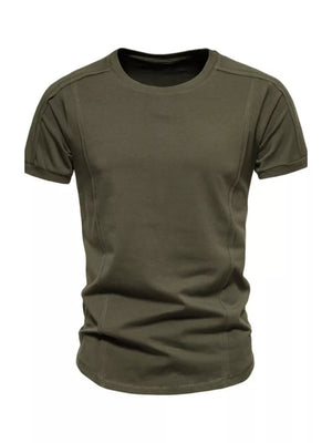 Men's army green cotton tactical t-shirt with round neck and seam details
