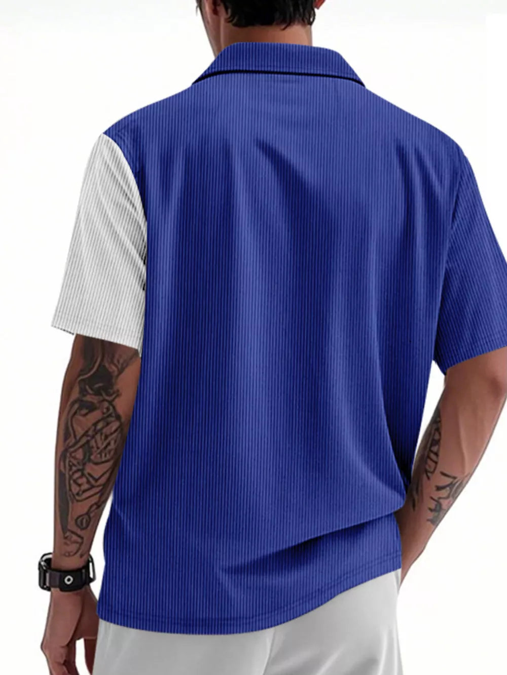 Two-tone blue and white textured short sleeve button-down shirt with vertical ribbing.