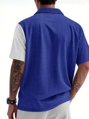 Two-tone blue and white textured short sleeve button-down shirt with vertical ribbing.