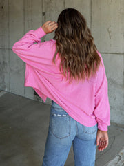 Textured boxy utility shirt jacket in Fuchsia Pink with a subtle stripe pattern.