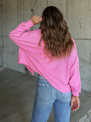 Textured boxy utility shirt jacket in Fuchsia Pink with a subtle stripe pattern.
