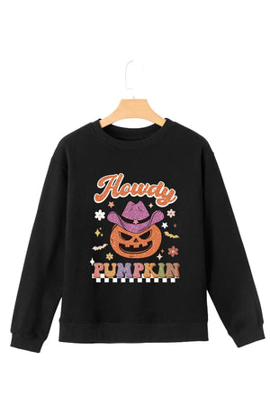 Black crewneck sweatshirt with Howdy Pumpkin graphic and cowboy hat.