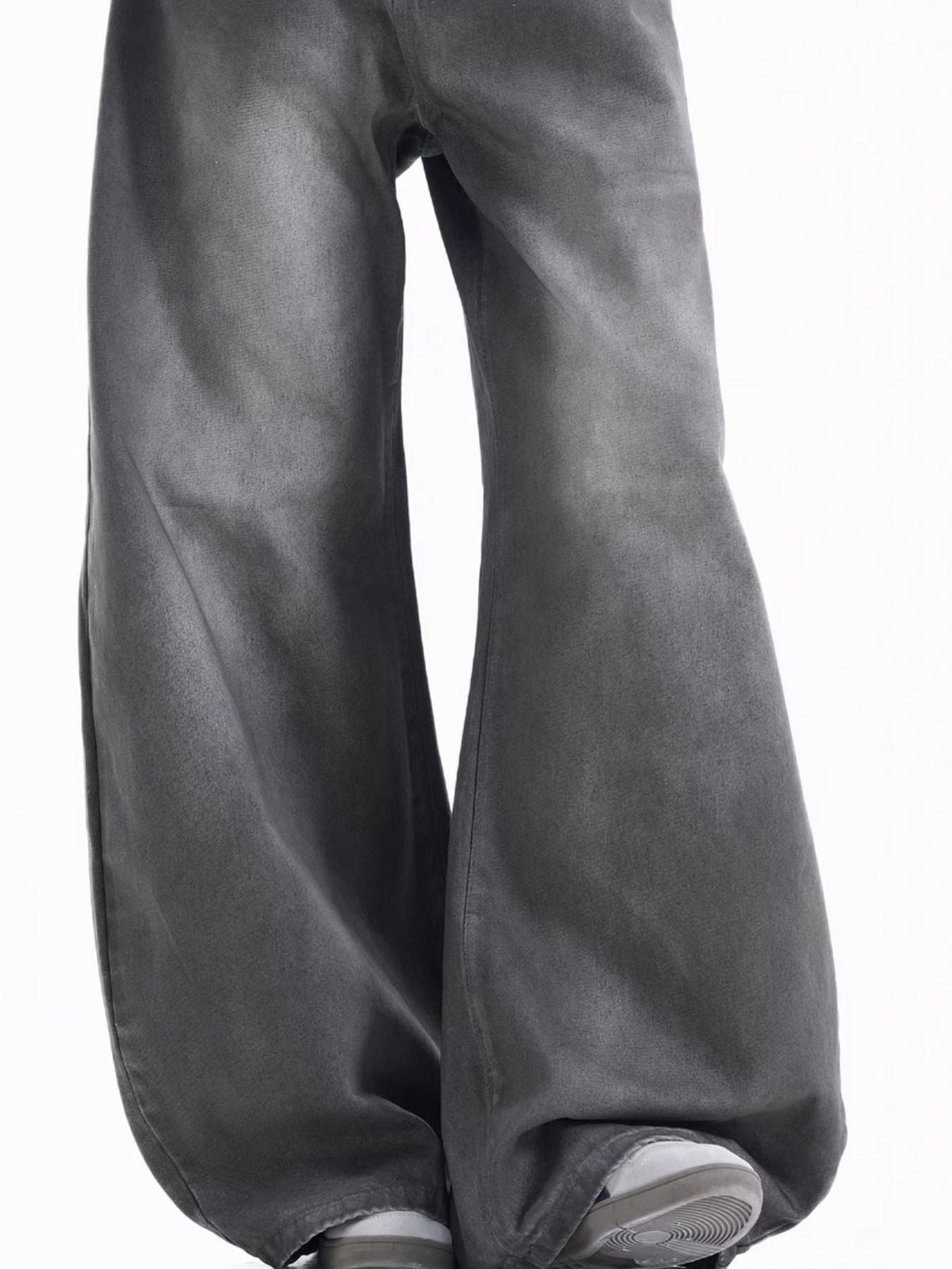 Men's relaxed fit wide-leg jeans in dark grey cotton denim.