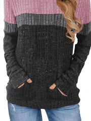 Chic color block ribbed knit sweatshirt in pink, gray, and black with thumbholes and pockets.