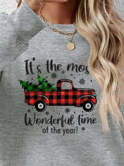 Grey sweatshirt with buffalo plaid truck graphic and holiday text
