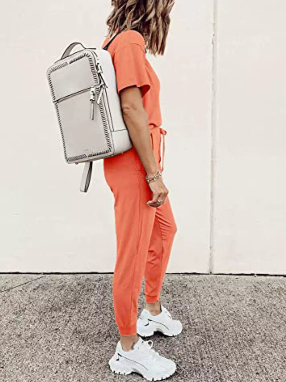 Apricot cotton jogger pants and round neck top set with drawstring waist.