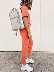 Apricot cotton jogger pants and round neck top set with drawstring waist.