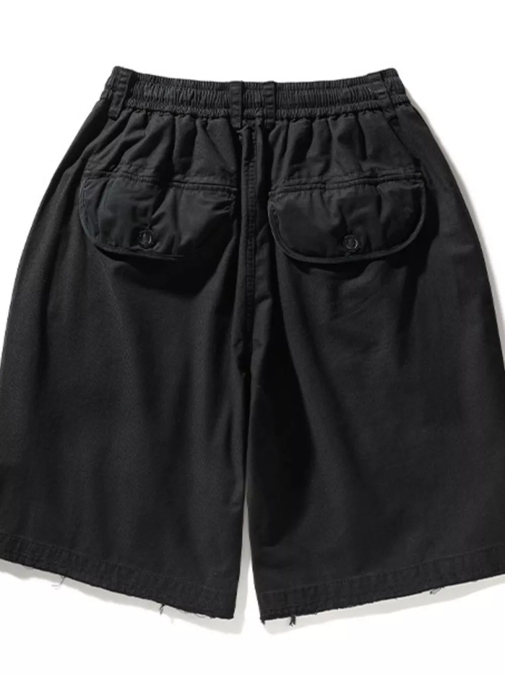 Black men's cargo shorts with elastic waistband and button-flap back pockets.