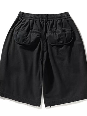 Black men's cargo shorts with elastic waistband and button-flap back pockets.