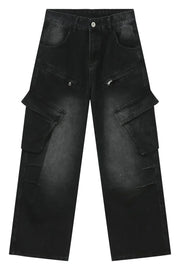 Black baggy cargo denim pants with multiple zipper and flap pockets.