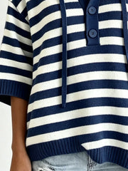 Striped Hooded Sweater With Button Detail in Blue, view 15