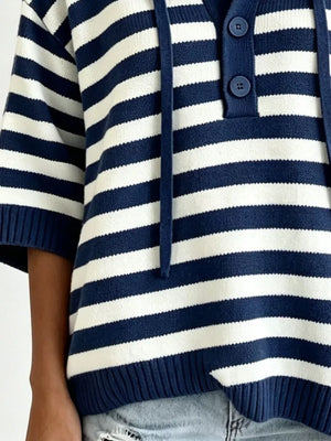 Striped Hooded Sweater With Button Detail in Blue, view 15