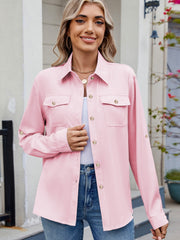 Blush pink utility crepe shirt with button-flap chest pockets and roll-tab sleeves.