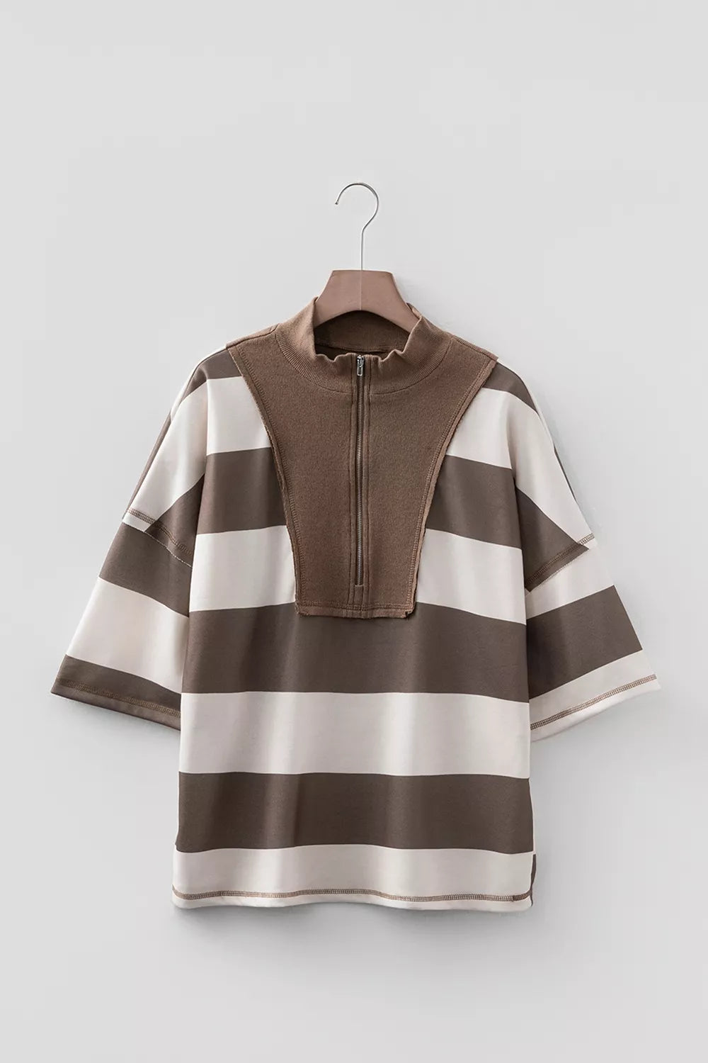 Striped Color Block Zip Collar Oversize Sweatshirt in Coffee Brown, close-up detail