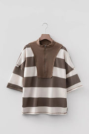 Striped Color Block Zip Collar Oversize Sweatshirt in Coffee Brown, close-up detail