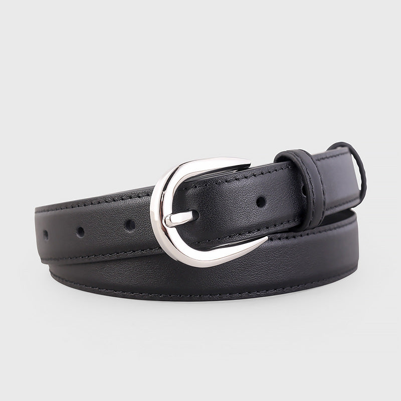Black skinny leather belt with a silver buckle and stitched details.