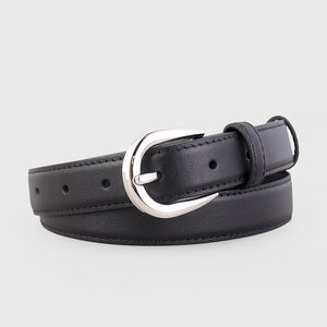 Black skinny leather belt with a silver buckle and stitched details.