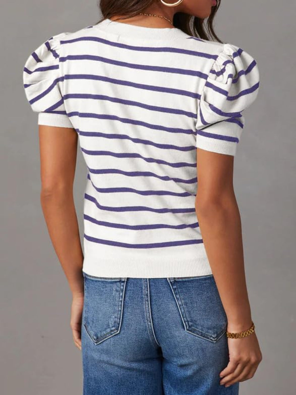Striped knit puff sleeve tee in white with purple stripes, crewneck, short sleeves.