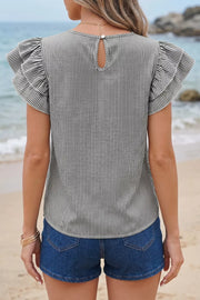 Chic striped polyester shirt with ruffle sleeves and keyhole back detail.