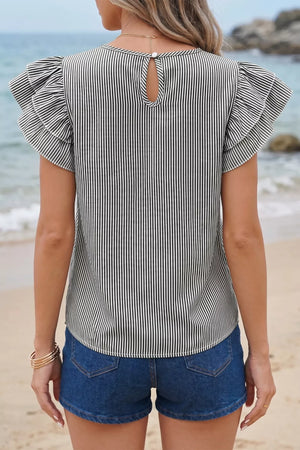 Chic striped polyester shirt with ruffle sleeves and keyhole back detail.