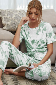Tie-dye lounge set in Gum Leaf green and white. Relaxed fit top with knot detail and matching pants.