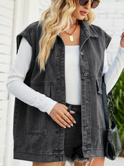 Dark gray relaxed-fit sleeveless denim jacket with button-down front and chest pockets.