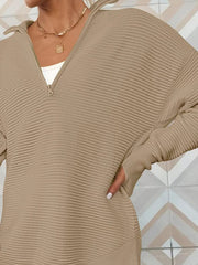 Camel ribbed knit pullover with funnel neck and quarter zip, long sleeves.