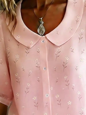 Dusty pink floral Peter Pan collar button-down blouse with a charming print.