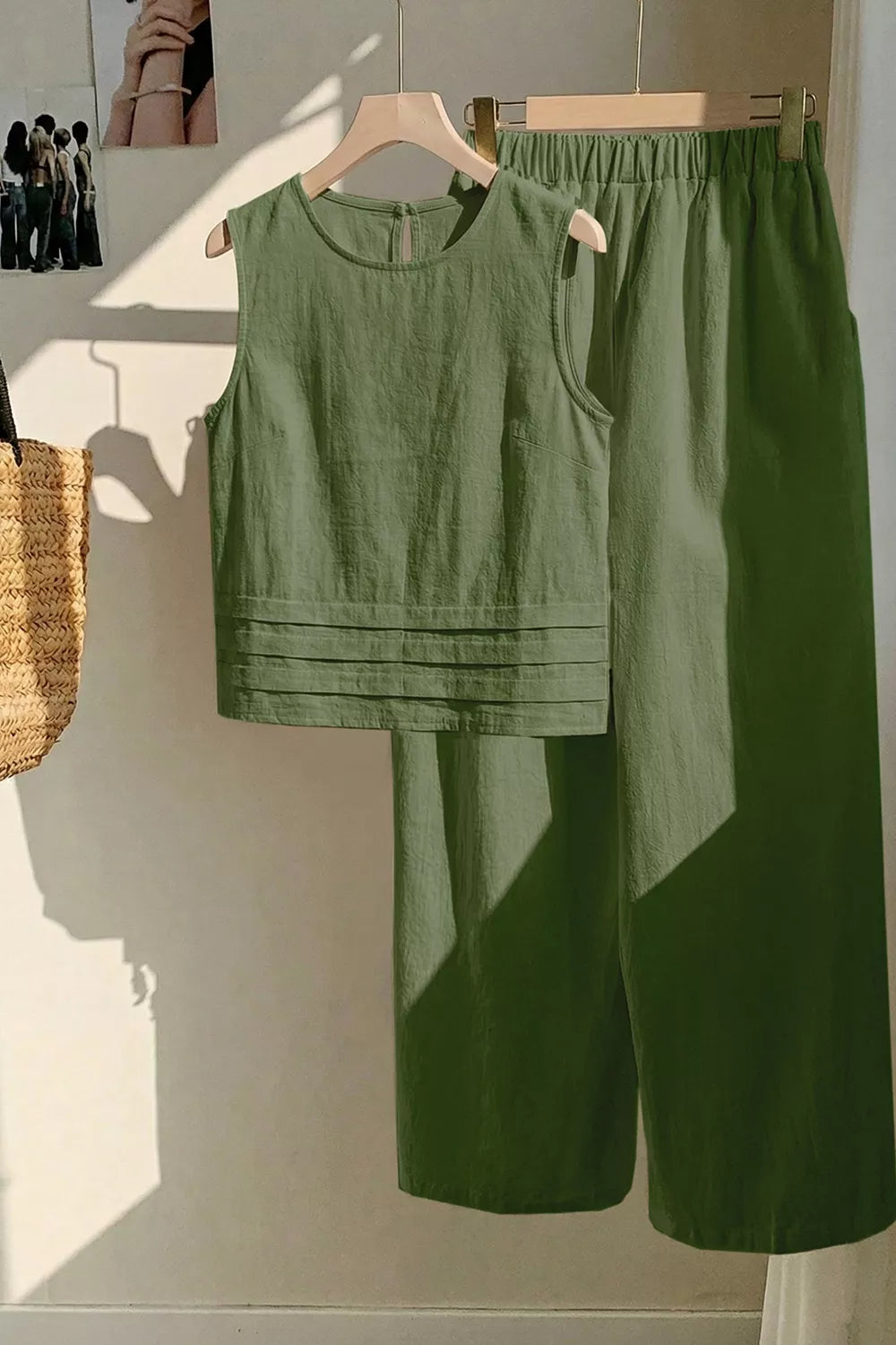 Sleeveless Top And Wide-leg Pants Set in Moss, alternate angle