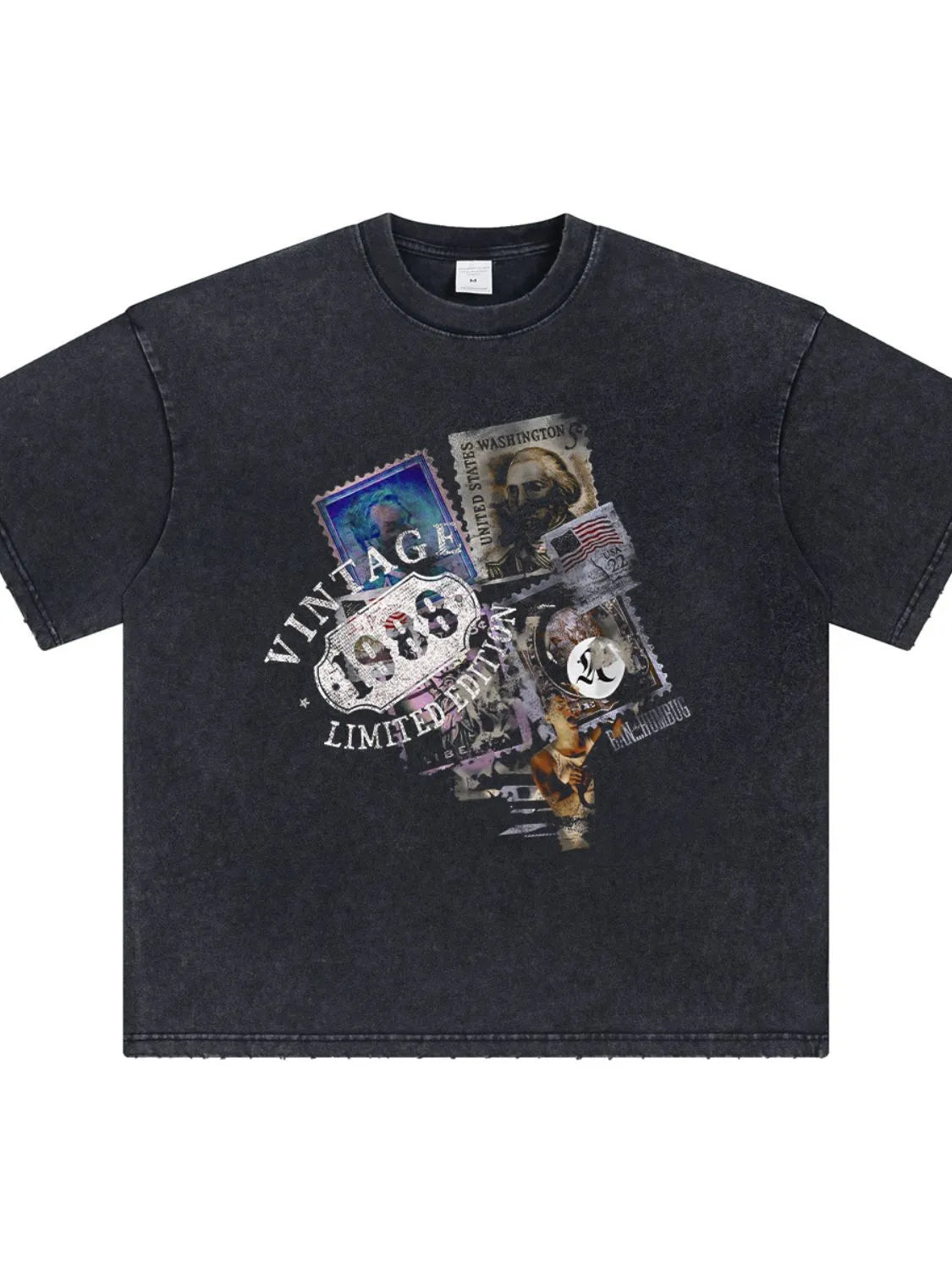 Black oversized t-shirt with vintage stamp graphic and "1988 Limited Edition" text.
