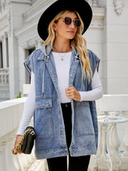 Sleeveless denim utility vest with hood in dark wash, featuring chest pockets and drawstring details.