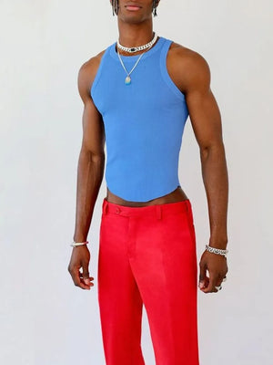 Blue ribbed tank top with asymmetric hem and racerback detail.