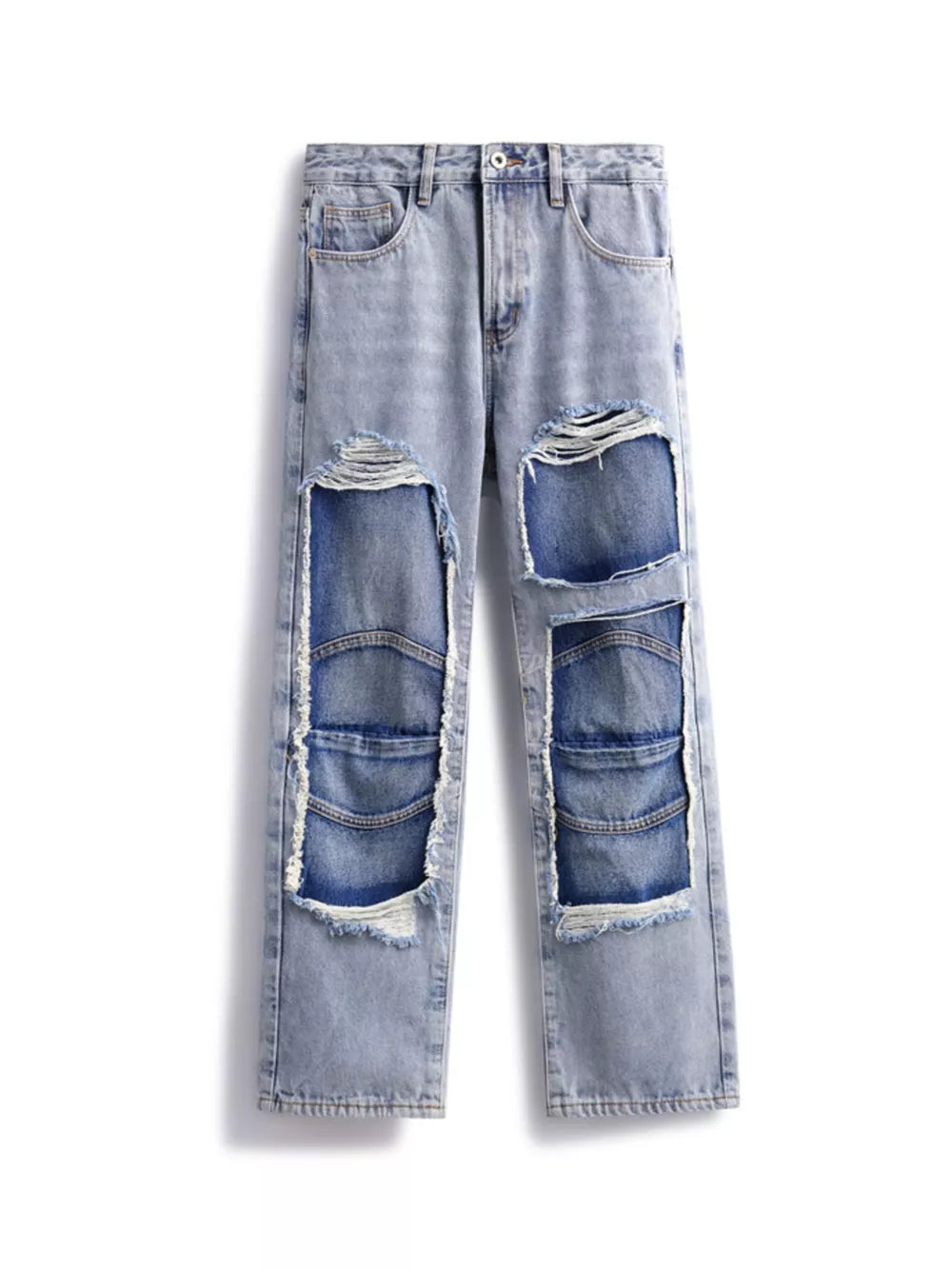 Men's light wash cotton jeans with distressed patchwork details and frayed edges.